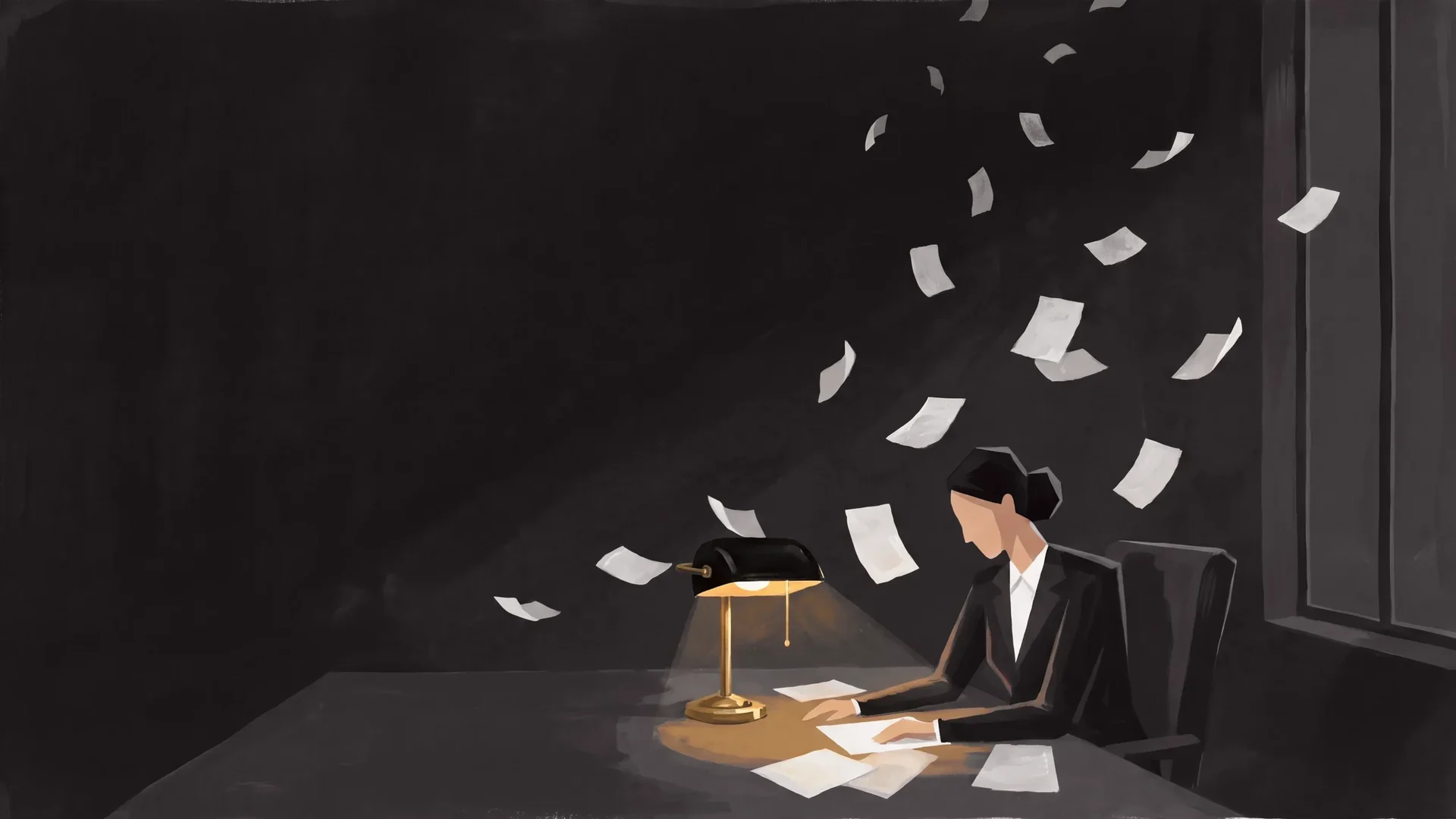 A lawyer alone at a desk at night, one lamp, papers rising into the dark