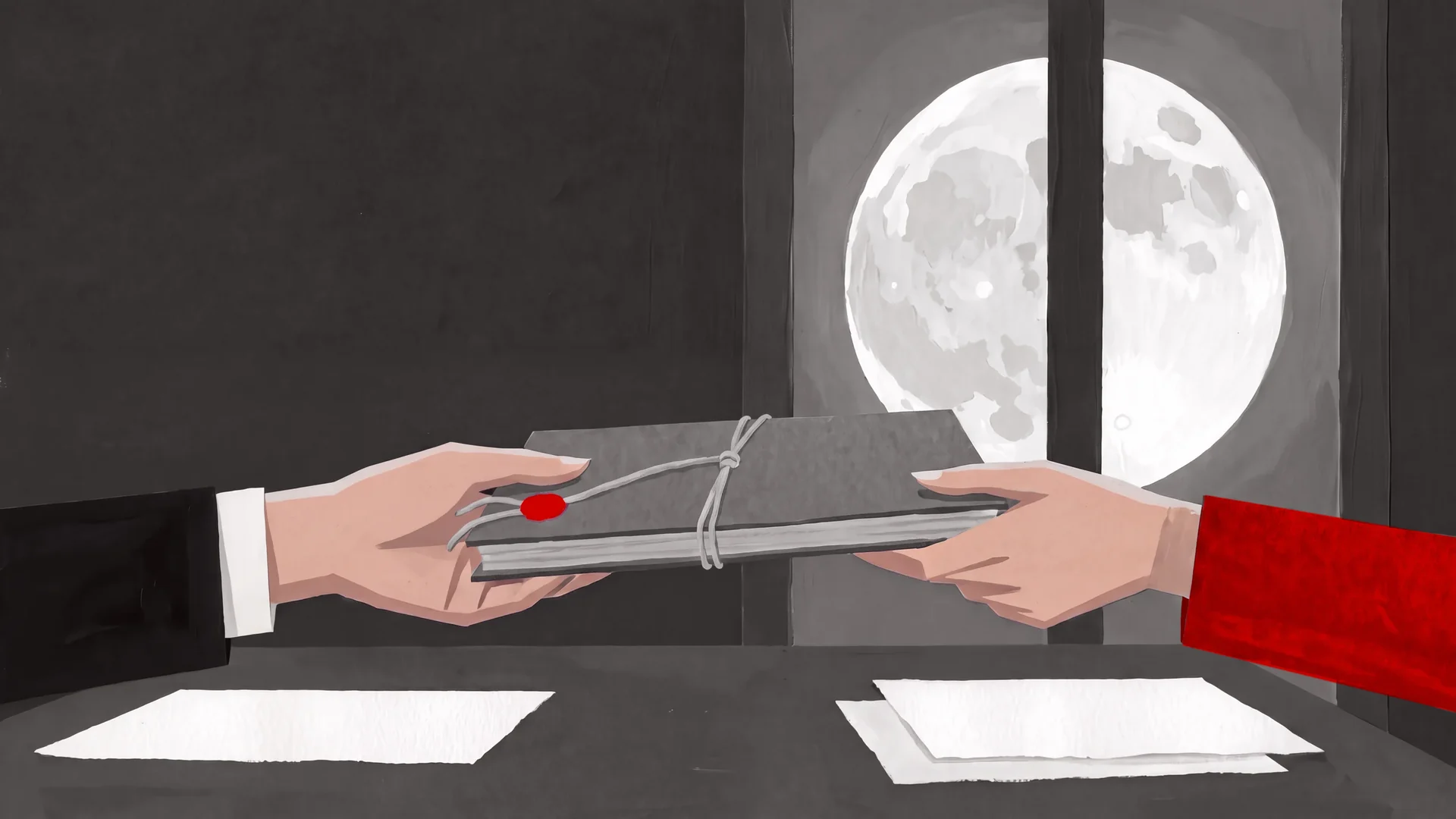A thick file handed from one hand to another under a full moon