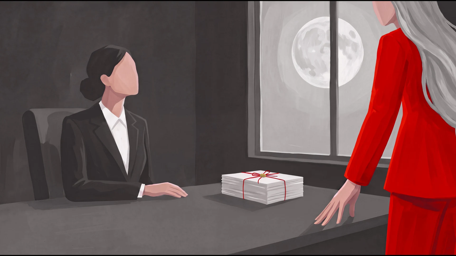 A clear desk in moonlight, one stack tied with red thread and sealed in gold, Selene standing in a red suit