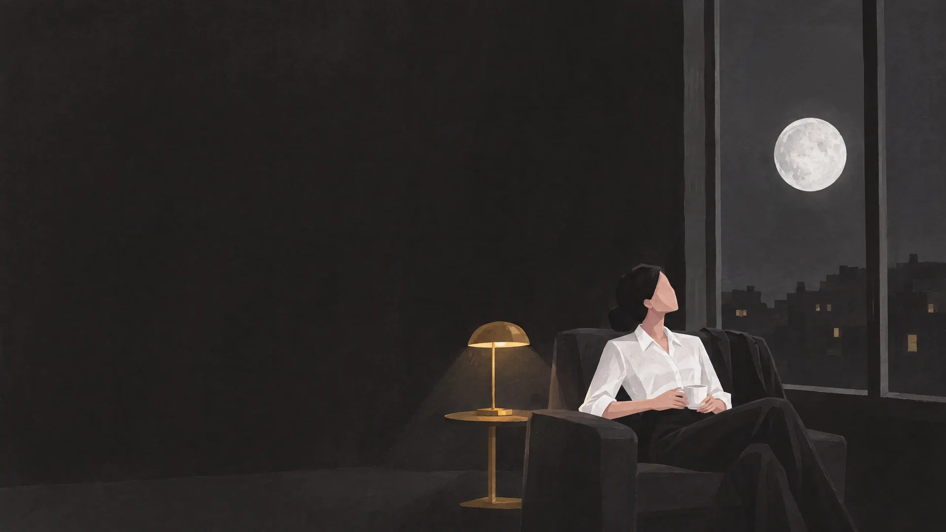 The lawyer at home at night, resting in an armchair by the window with a cup in her hands, the full moon outside